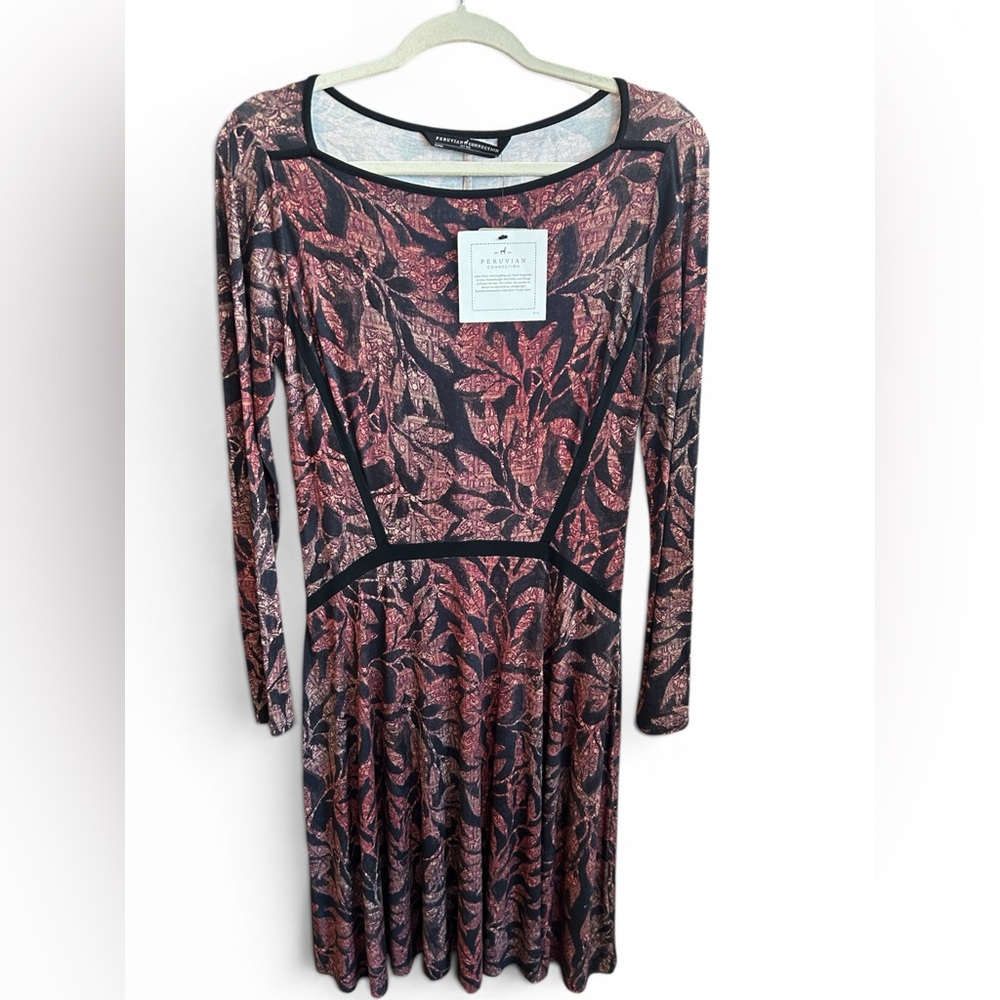 Peruvian Connection Delilah Dress  Leaf Print Long Sleeve Fit & Flare  on Black